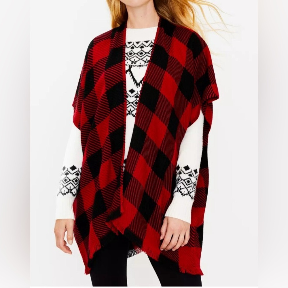 LOFT Red and Black Buffalo Plaid Poncho Wrap